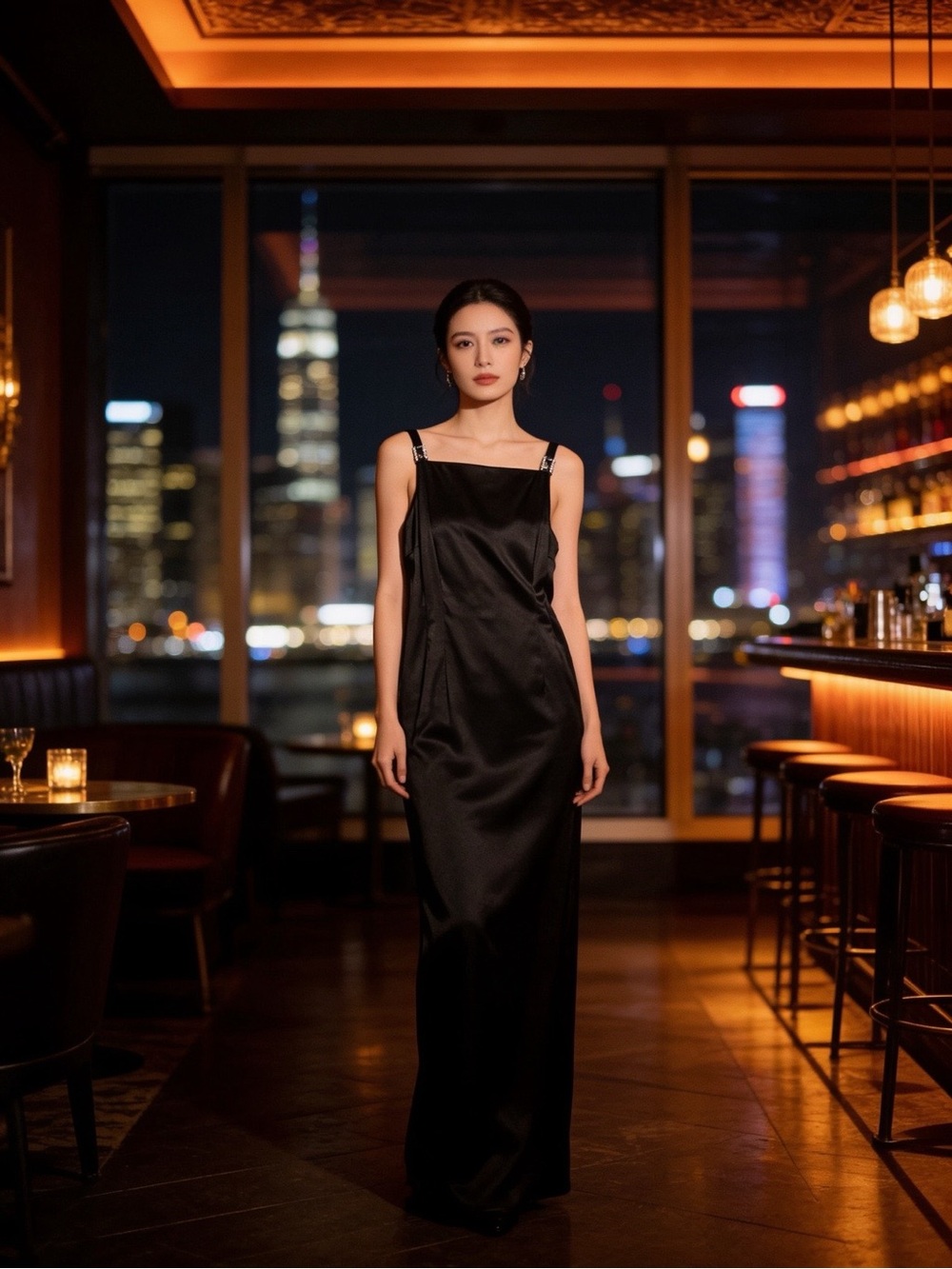 Vintage Night Way Collections Black Satin Slip Gown, Rhinestone Buckle Strap,Y2K
